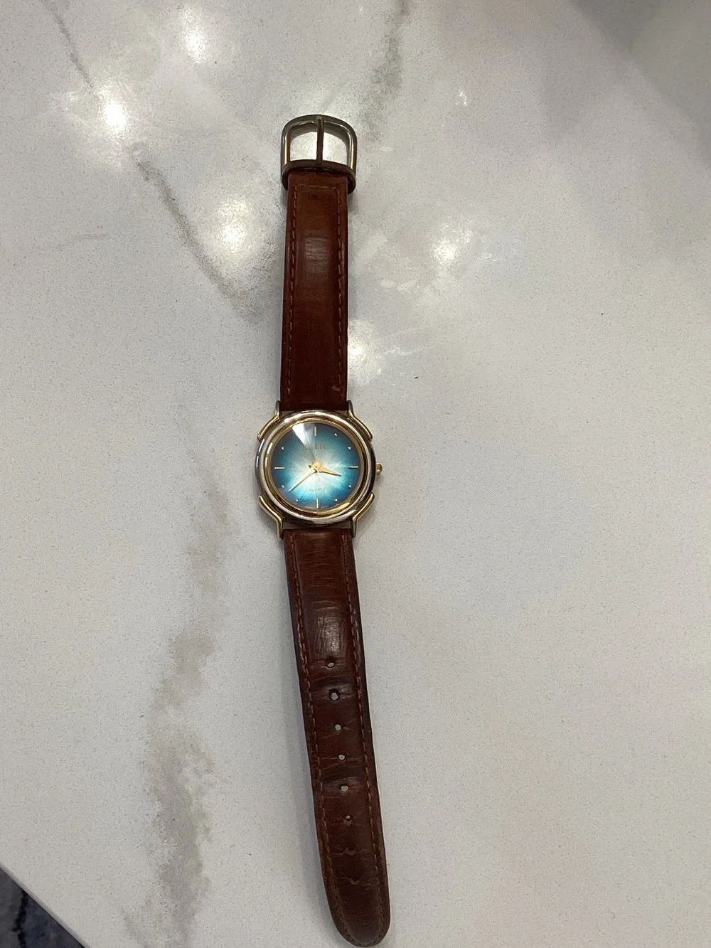 Vintage Relic Blue Sunburst Dial Brown Leather Strap Watch
